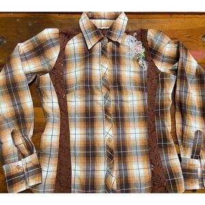 Brown Women's‎ Western Blouse Embroidered Lace  Size Small Fairy Rodeo